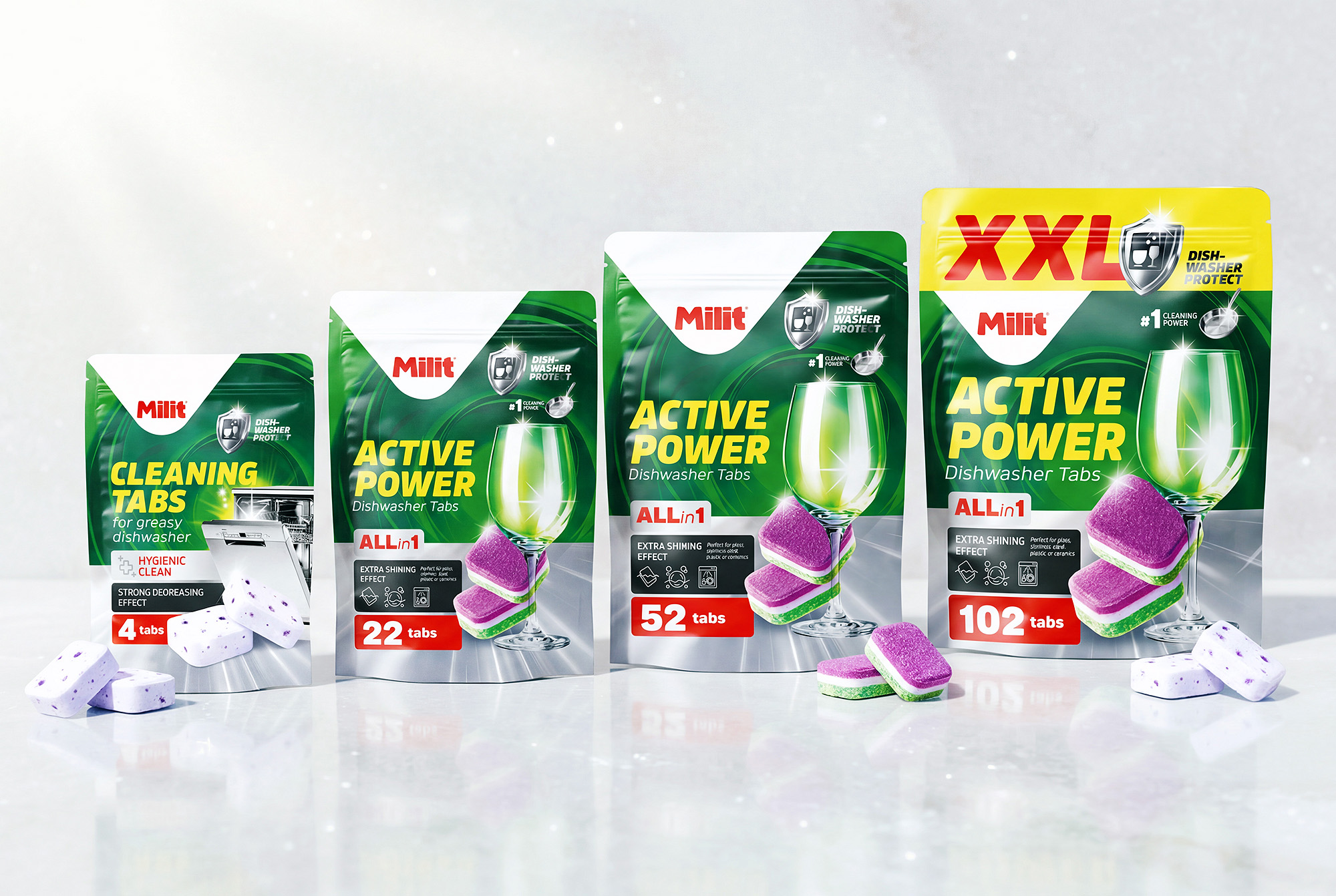 Milit washing machine tablets power salt shine modern packaging